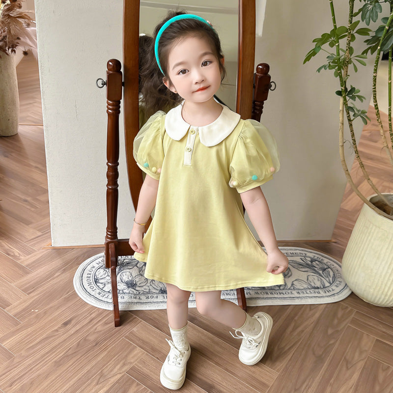 Girls Yellow & White Peter Pan Collar A-Line Dress