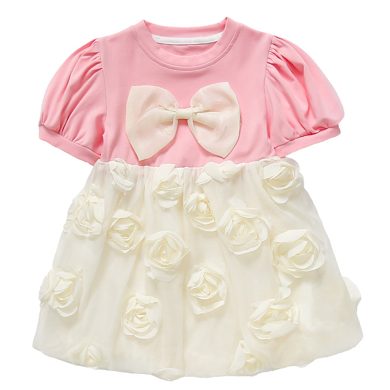 Girls Round Neck Fit & Flare Dress With Bow Detail