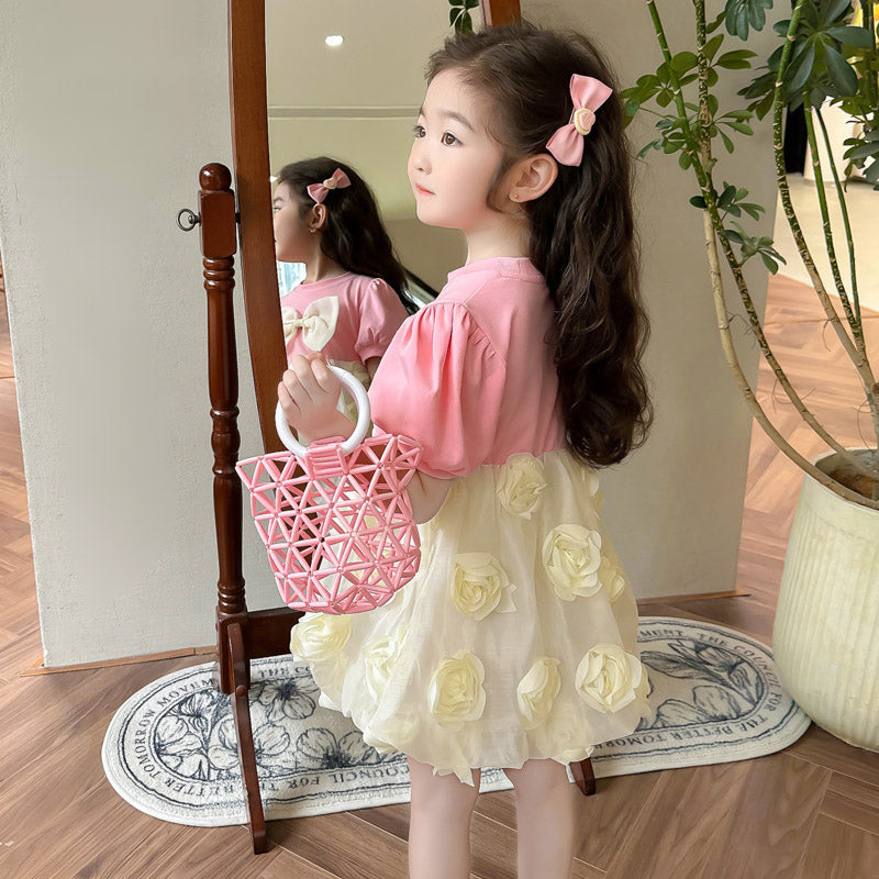 Girls Round Neck Fit & Flare Dress With Bow Detail