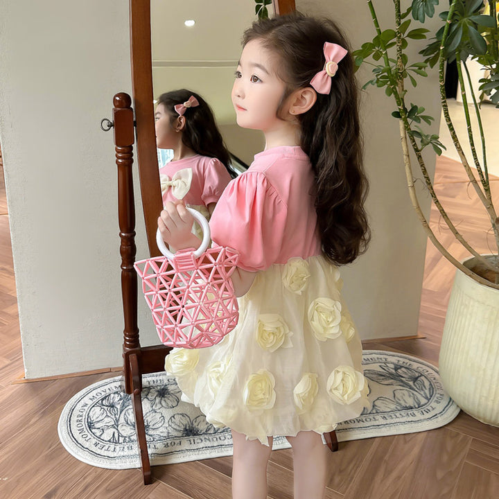 Girls Round Neck Fit & Flare Dress With Bow Detail