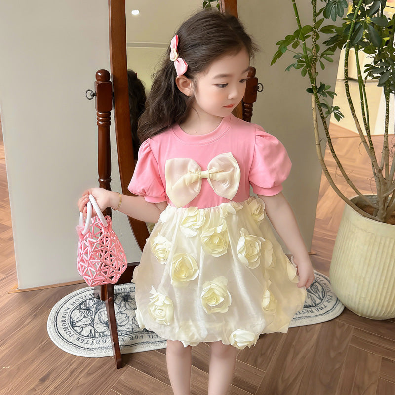 Girls Round Neck Fit & Flare Dress With Bow Detail