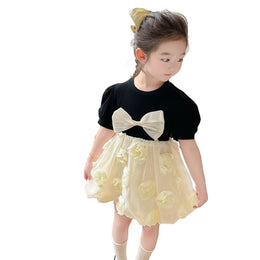 Girls Black & Beige Bow Fit & Flare Dress
