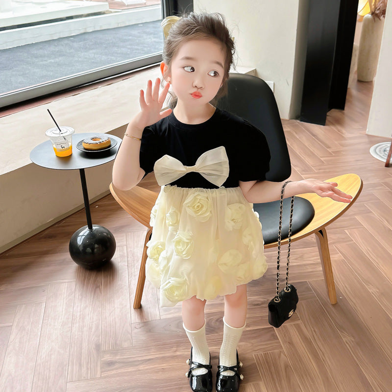 Girls Black & Beige Bow Fit & Flare Dress