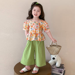 Girls Square Neck Short Sleeves Printed Top With Palazzo