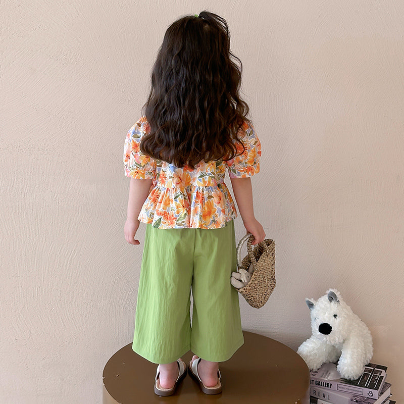 Girls Square Neck Short Sleeves Printed Top With Palazzo