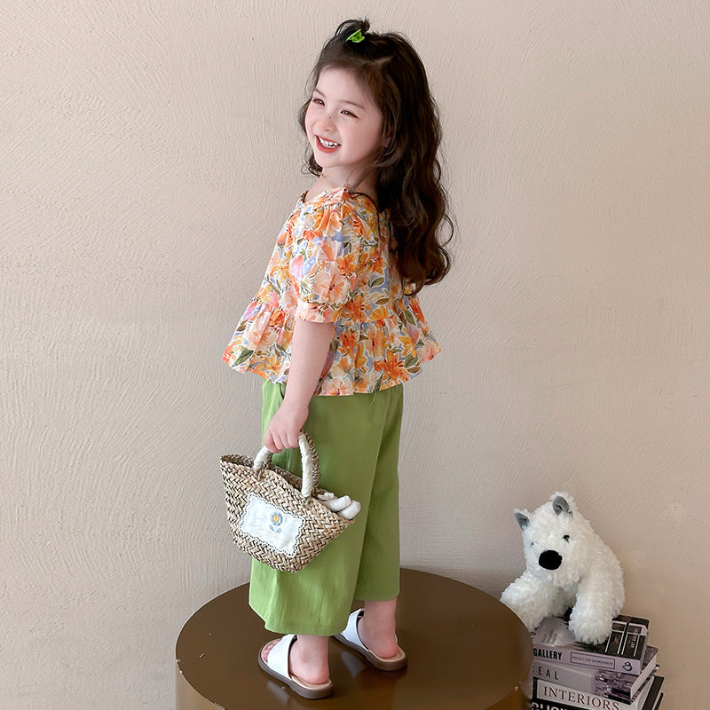 Girls Square Neck Short Sleeves Printed Top With Palazzo