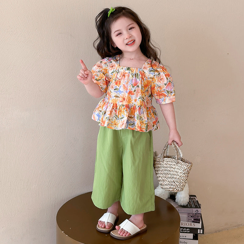 Girls Square Neck Short Sleeves Printed Top With Palazzo