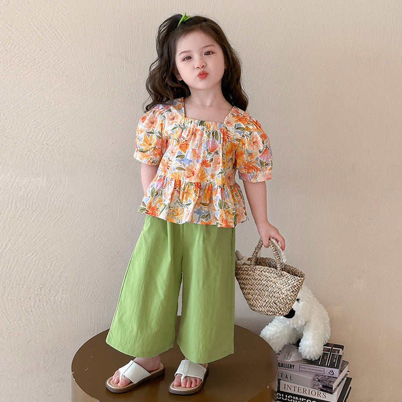 Girls Square Neck Short Sleeves Printed Top With Palazzo