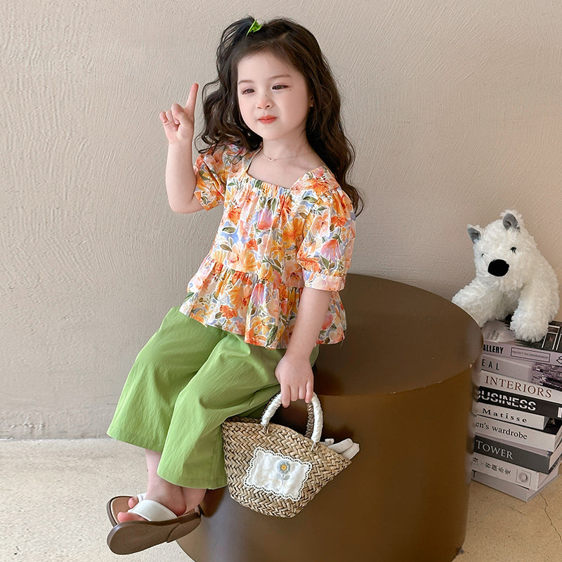 Girls Square Neck Short Sleeves Printed Top With Palazzo