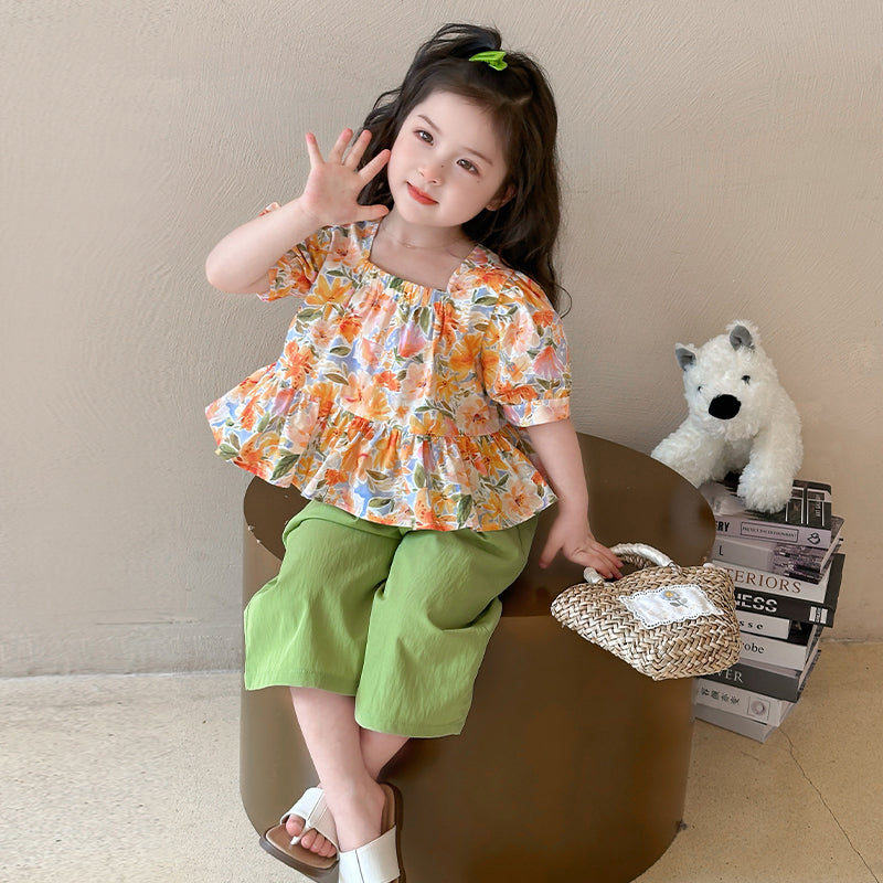 Girls Square Neck Short Sleeves Printed Top With Palazzo