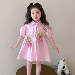 Girls Pleated Shirt Collar Cotton A-Line Midi Dress