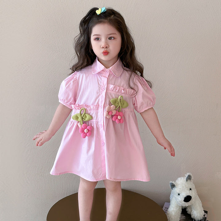 Girls Pleated Shirt Collar Cotton A-Line Midi Dress