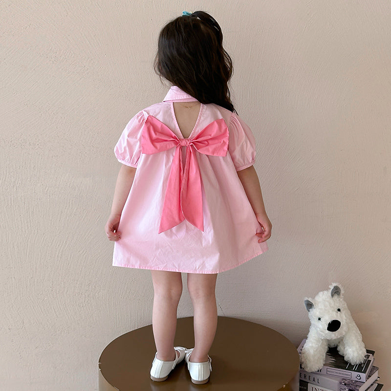 Girls Pleated Shirt Collar Cotton A-Line Midi Dress