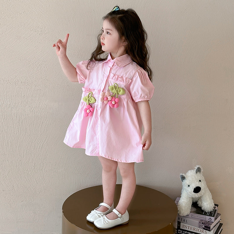 Girls Pleated Shirt Collar Cotton A-Line Midi Dress