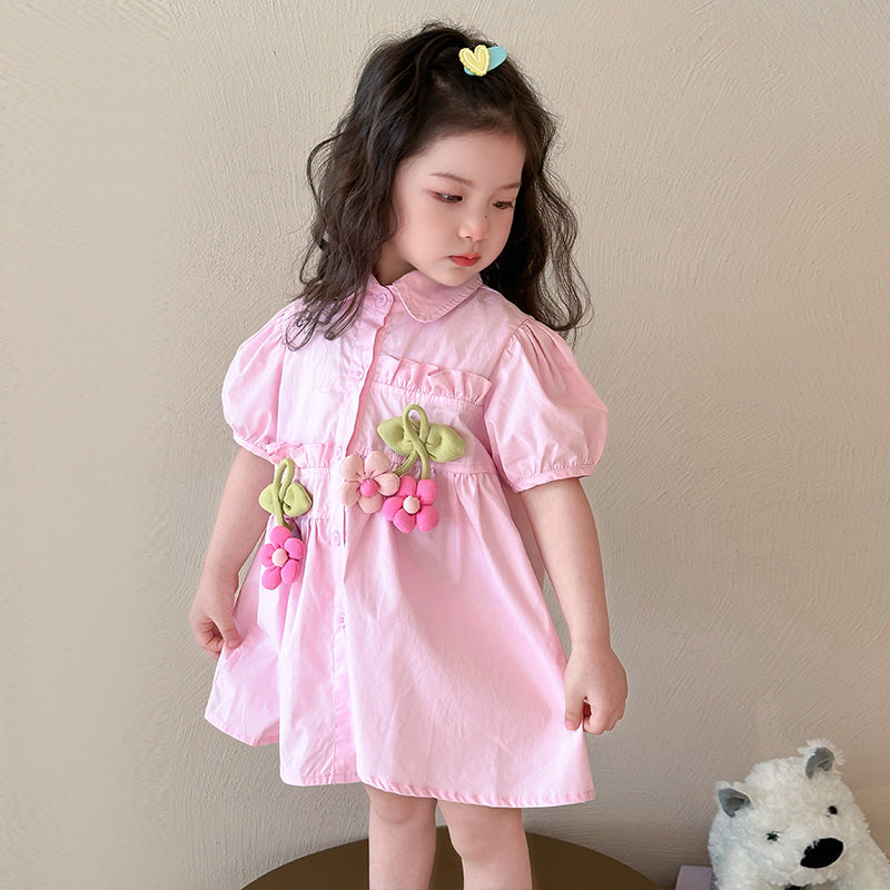 Girls Pleated Shirt Collar Cotton A-Line Midi Dress