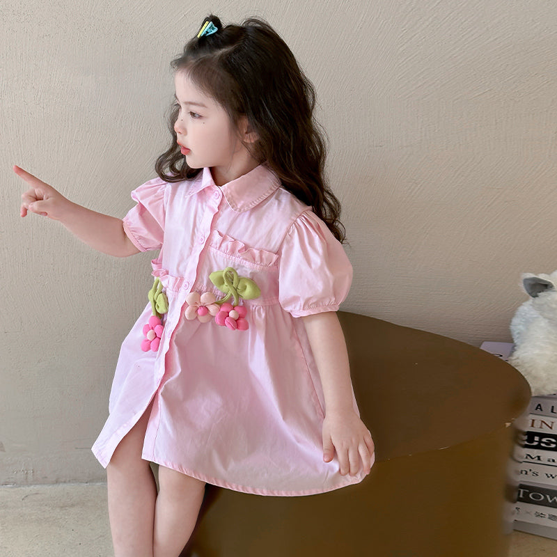 Girls Pleated Shirt Collar Cotton A-Line Midi Dress