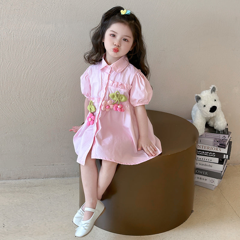 Girls Pleated Shirt Collar Cotton A-Line Midi Dress