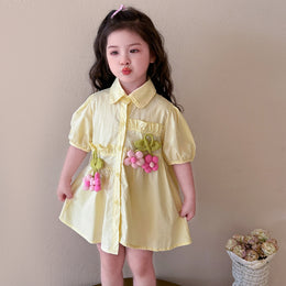 Girl's Puff Sleeves Applique A-Line Midi Dress