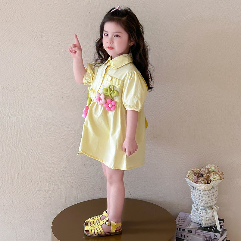 Girl's Puff Sleeves Applique A-Line Midi Dress