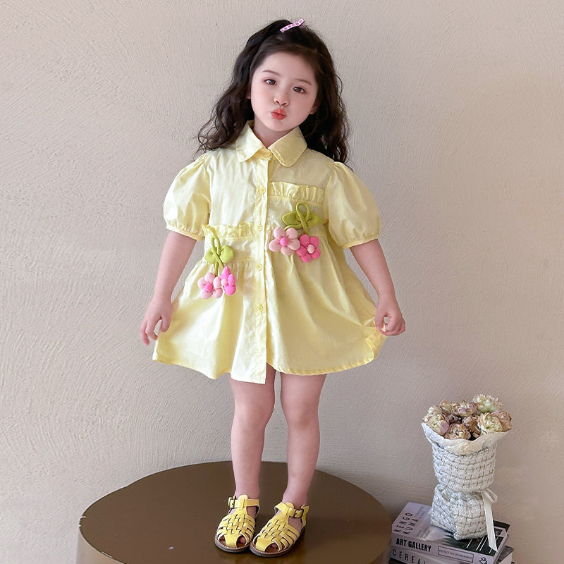 Girl's Puff Sleeves Applique A-Line Midi Dress