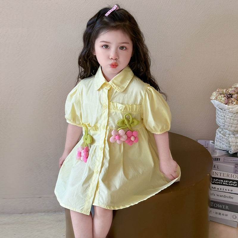 Girl's Puff Sleeves Applique A-Line Midi Dress