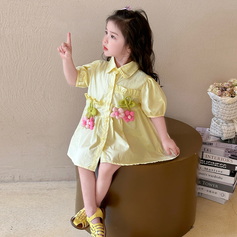 Girl's Puff Sleeves Applique A-Line Midi Dress