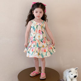 Girl Ethnic Motifs Print Gathered or Pleated Net A-Line Midi Dress