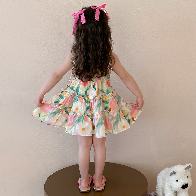 Girl Ethnic Motifs Print Gathered or Pleated Net A-Line Midi Dress