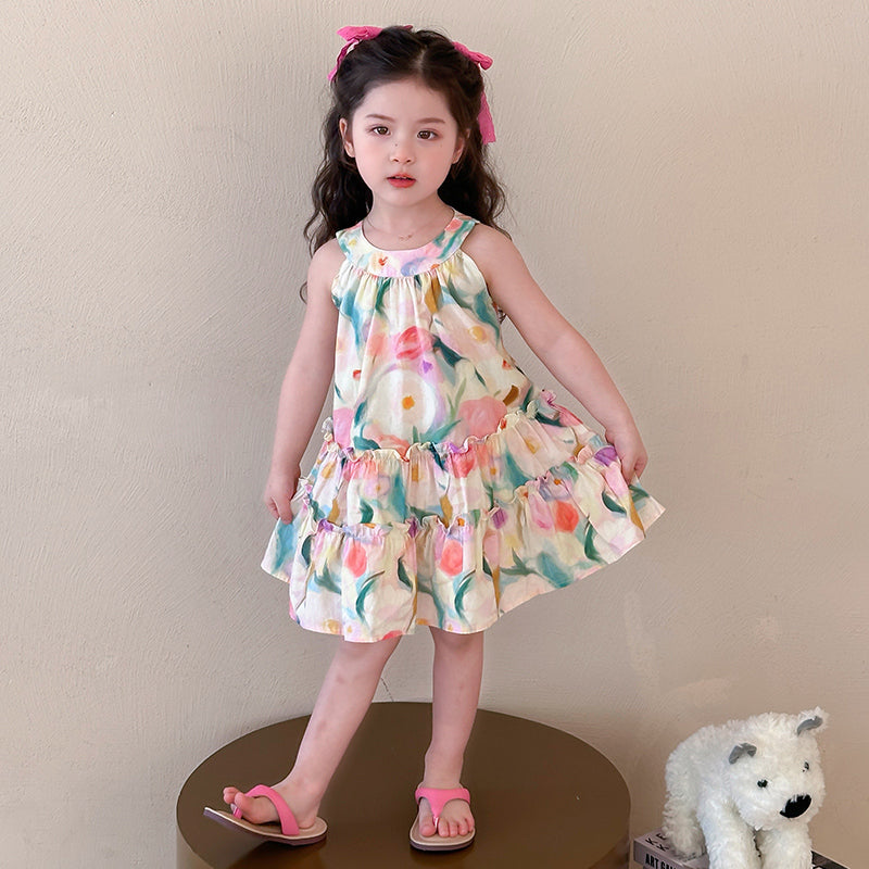 Girl Ethnic Motifs Print Gathered or Pleated Net A-Line Midi Dress