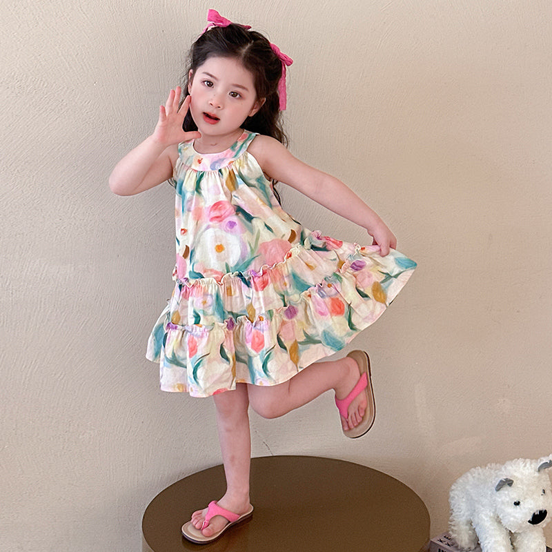 Girl Ethnic Motifs Print Gathered or Pleated Net A-Line Midi Dress