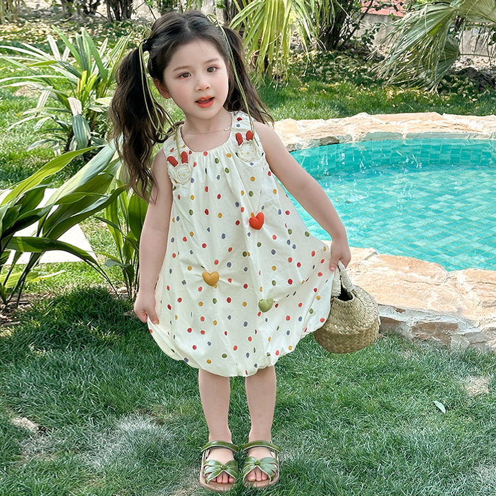 Girl's Polka Dots Printed Sleeveless Balloon Midi Dress