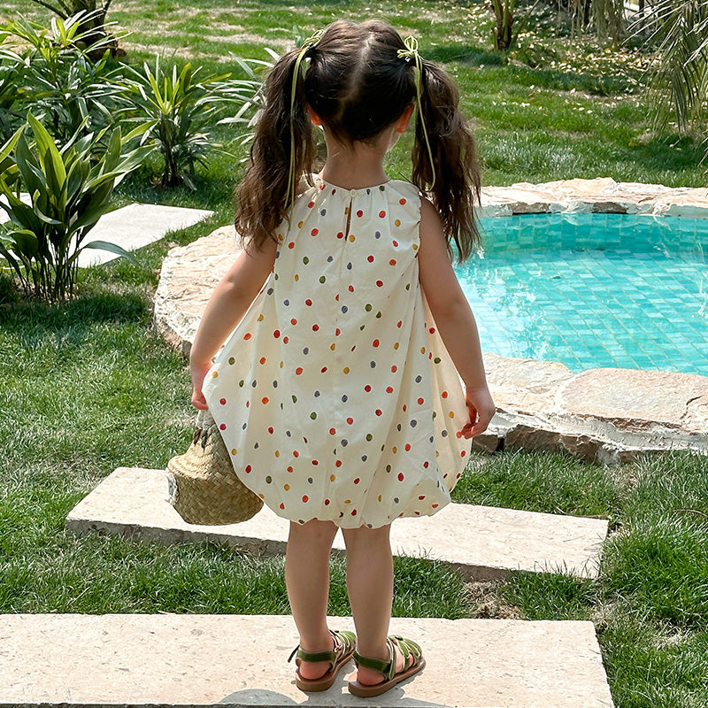 Girl's Polka Dots Printed Sleeveless Balloon Midi Dress