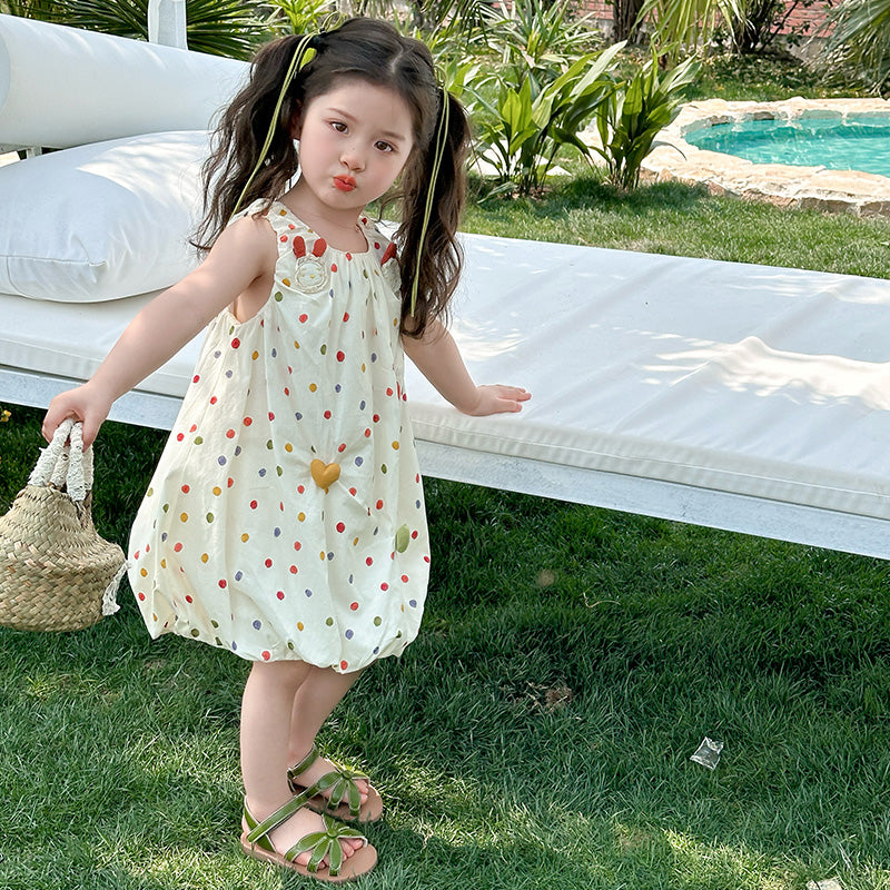 Girl's Polka Dots Printed Sleeveless Balloon Midi Dress