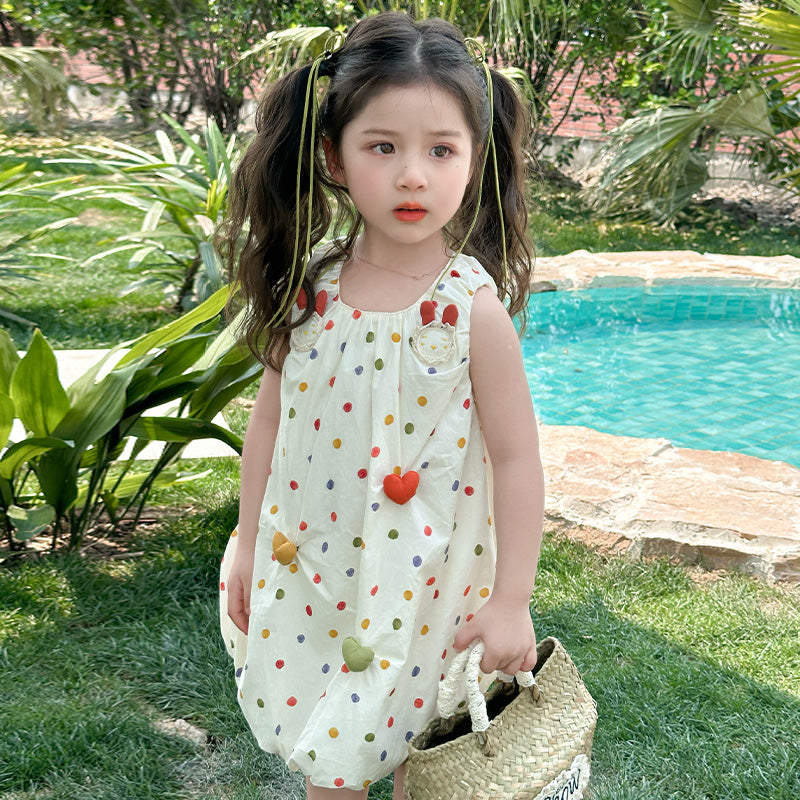 Girl's Polka Dots Printed Sleeveless Balloon Midi Dress