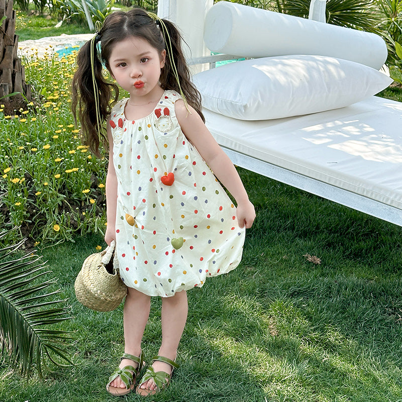 Girl's Polka Dots Printed Sleeveless Balloon Midi Dress