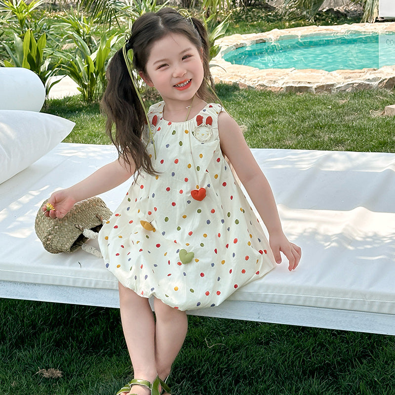 Girl's Polka Dots Printed Sleeveless Balloon Midi Dress