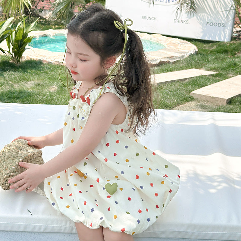 Girl's Polka Dots Printed Sleeveless Balloon Midi Dress