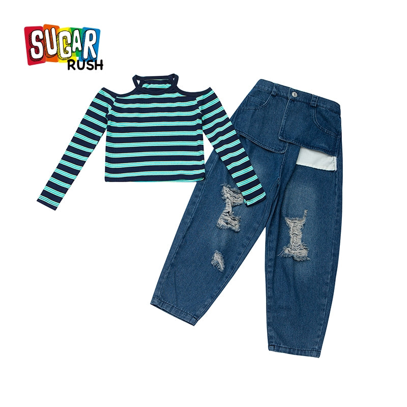 Girls Green Round Neck Cold-Shoulder Sleeves Striped Top with Pyjamas