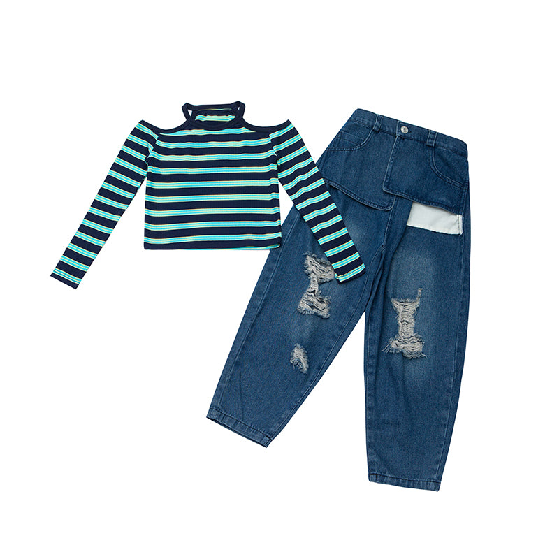 Girls Green Round Neck Cold-Shoulder Sleeves Striped Top with Pyjamas