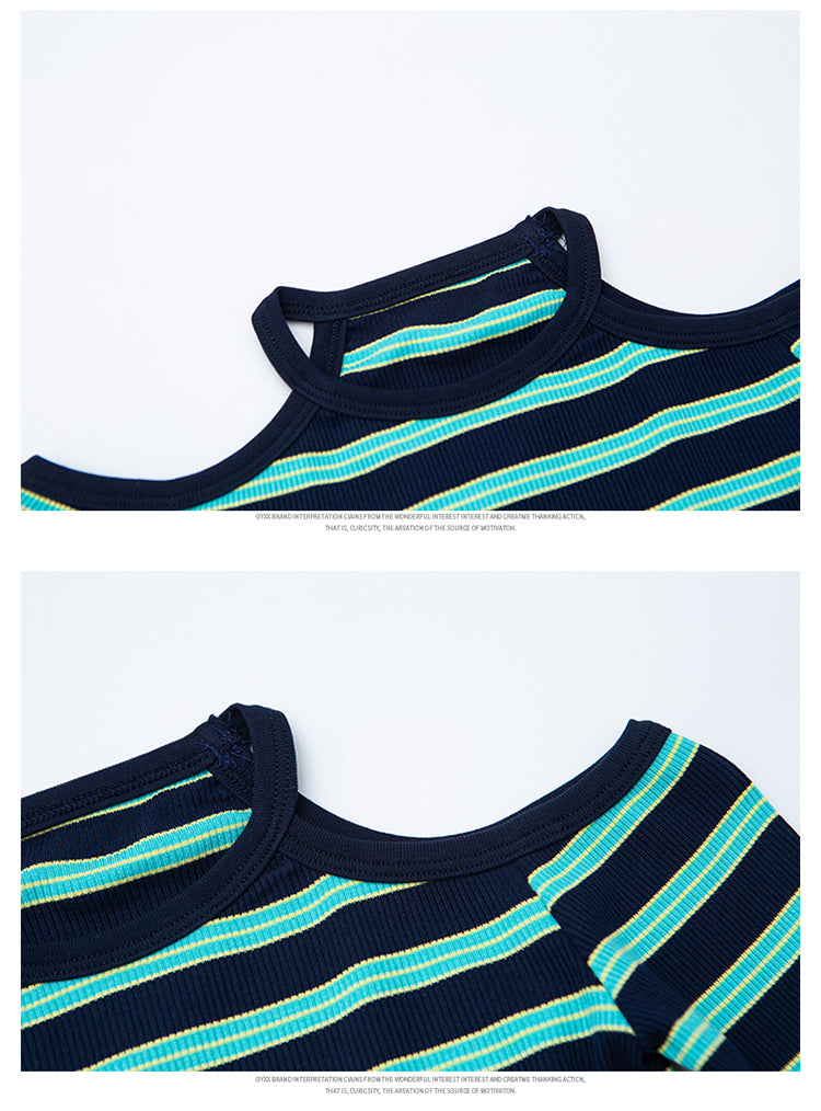 Girls Green Round Neck Cold-Shoulder Sleeves Striped Top with Pyjamas