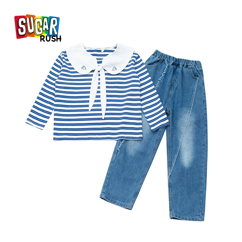 Girls Striped Peter Pan Collar Top With Trouser