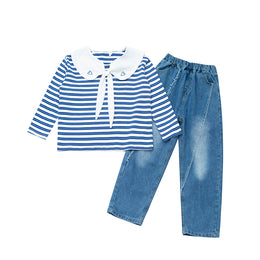 Girls Striped Peter Pan Collar Top With Trouser