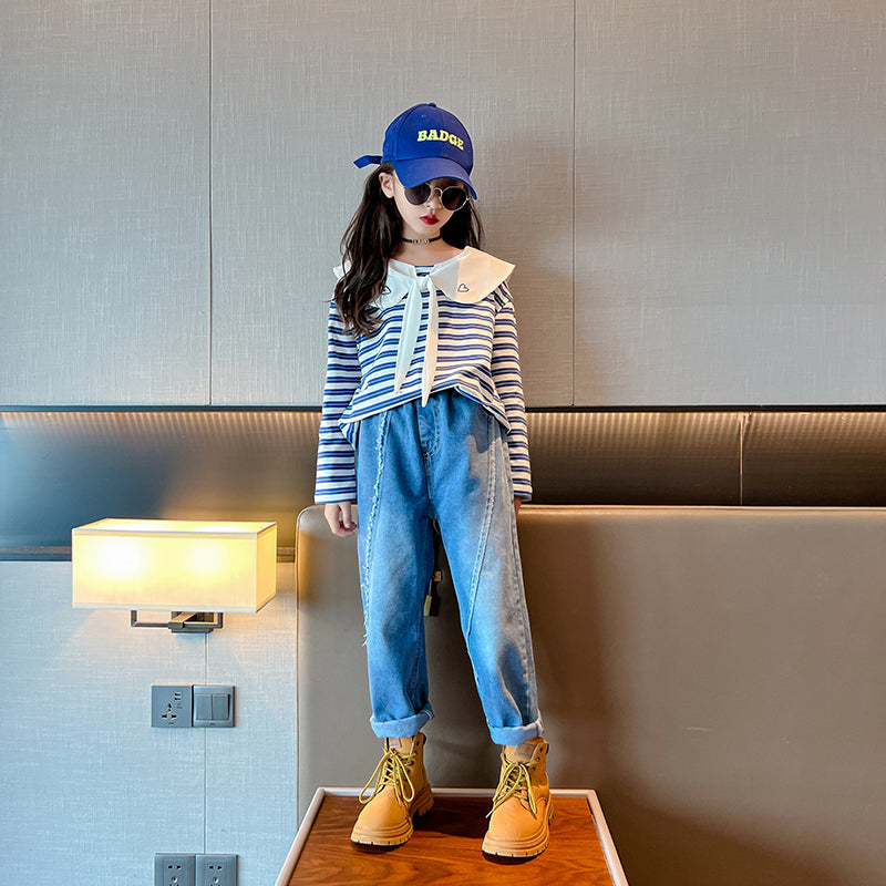 Girls Striped Peter Pan Collar Top With Trouser