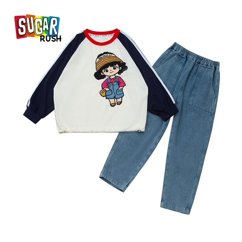 Girls Round Neck Printed T-shirt with Trousers
