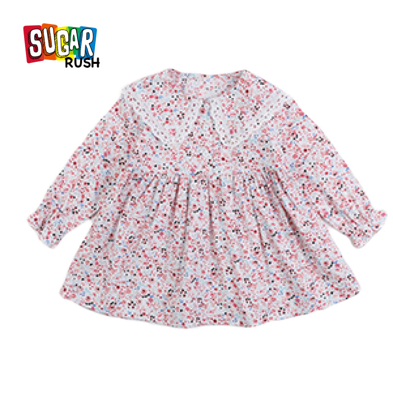 Girls Pink Floral Printed Peter Pan Collar Ruffled Cotton A-Line Dress