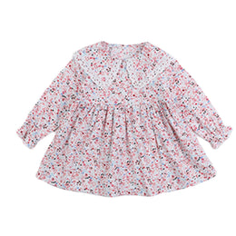 Girls Pink Floral Printed Peter Pan Collar Ruffled Cotton A-Line Dress