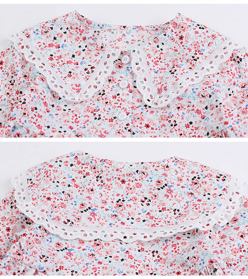 Girls Pink Floral Printed Peter Pan Collar Ruffled Cotton A-Line Dress
