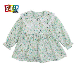 Girls Green Floral Printed Cotton Fit & Flare Dress