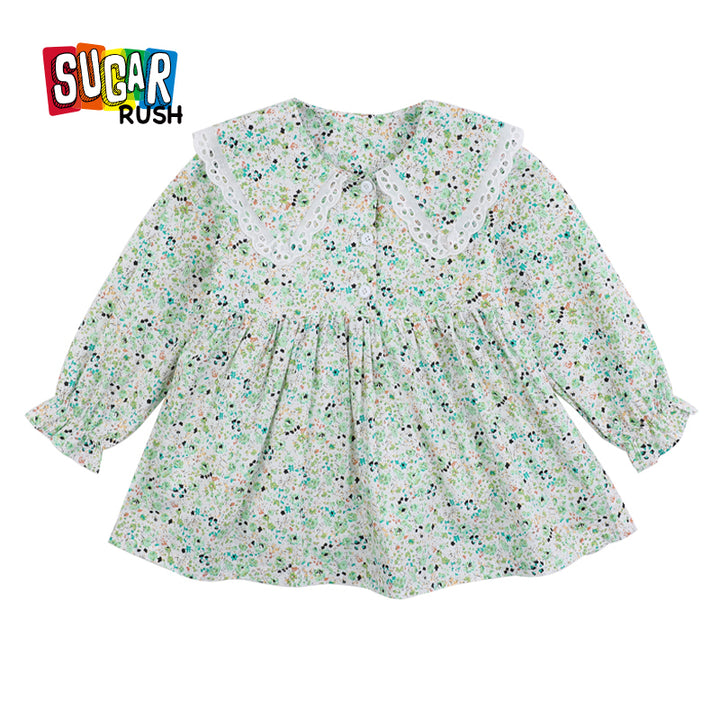 Girls Green Floral Printed Cotton Fit & Flare Dress