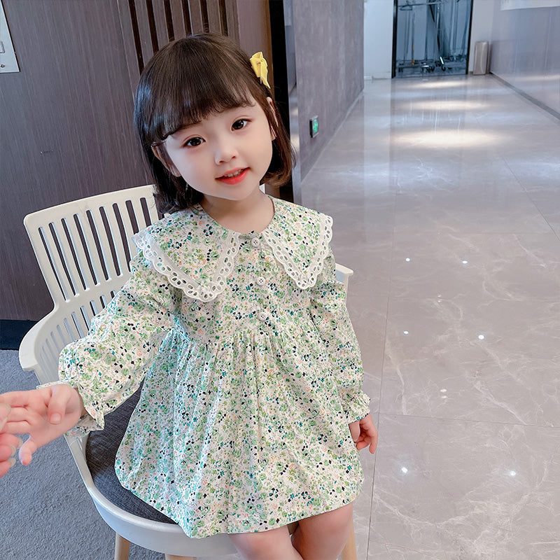 Girls Green Floral Printed Cotton Fit & Flare Dress